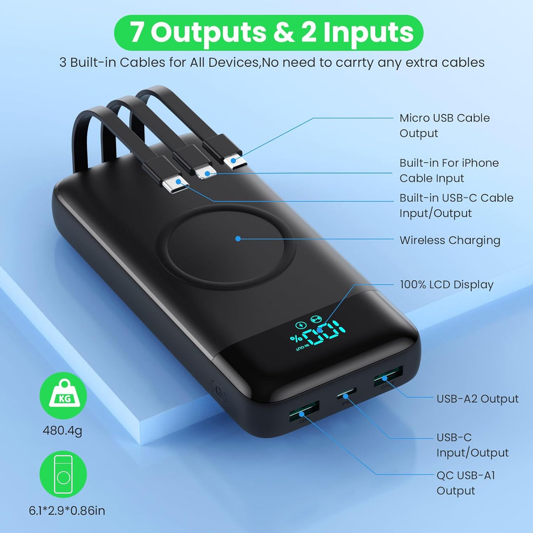 Wireless Power Bank 26800mAh mit 3 Kabel, 7 in 1 25W PD3.0+QC4.0 Schnellladen USB C Powerbank, 6 Aus