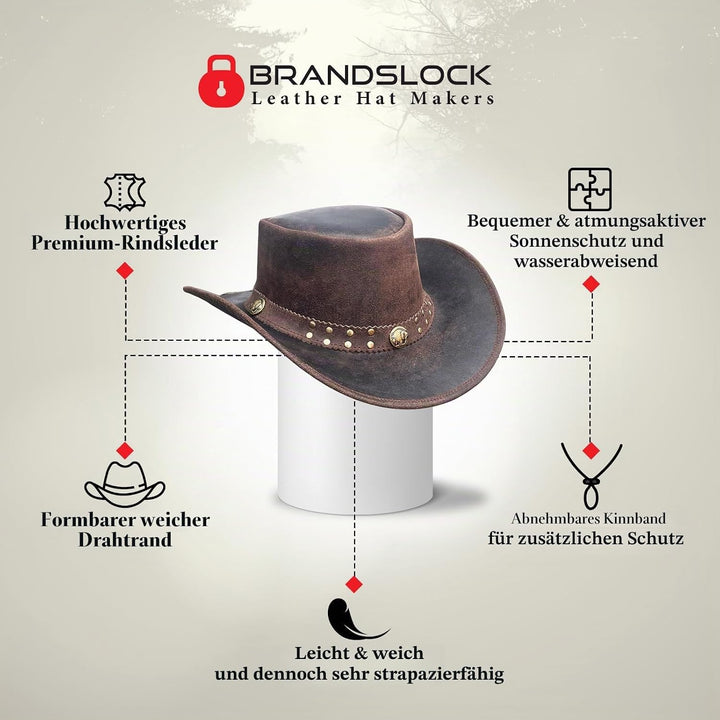 BRANDSLOCK Cowboyhut aus Leder für Herren, handgefertigt, formbar, breite Krempe, langlebig, Cowgirl
