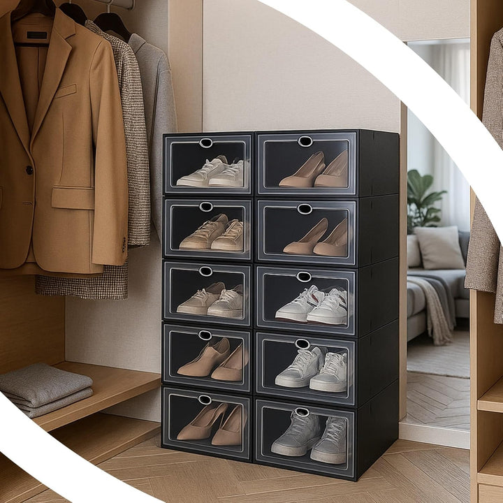 Retoo Schuhboxen Organizer Stapelbar – Transparente Aufbewahrungsboxen aus Kunststoff mit Griffen –