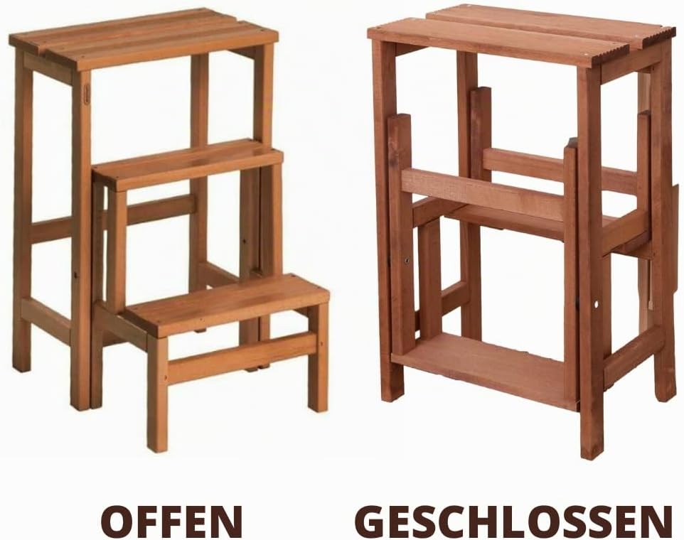 Klapphocker mit 3 Stufen, Farbe Walnuss, zusammenklappbar, rutschfest, platzsparend, Buchenholz, Mas