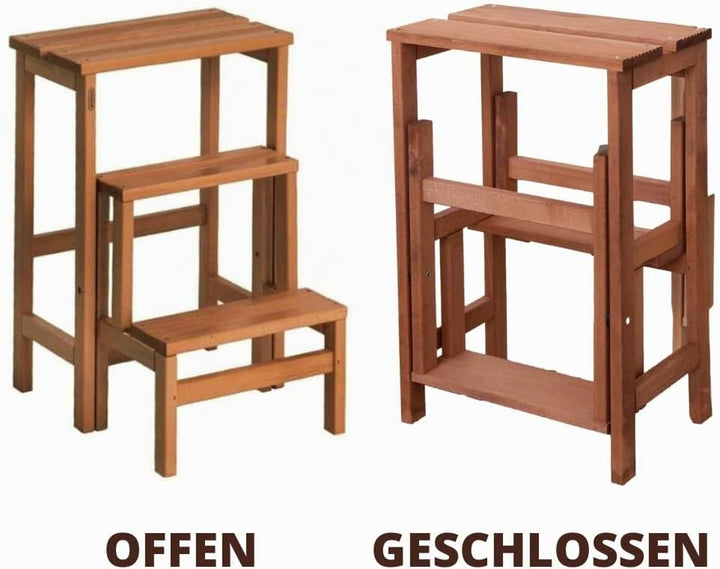 Klapphocker mit 3 Stufen, Farbe Walnuss, zusammenklappbar, rutschfest, platzsparend, Buchenholz, Mas