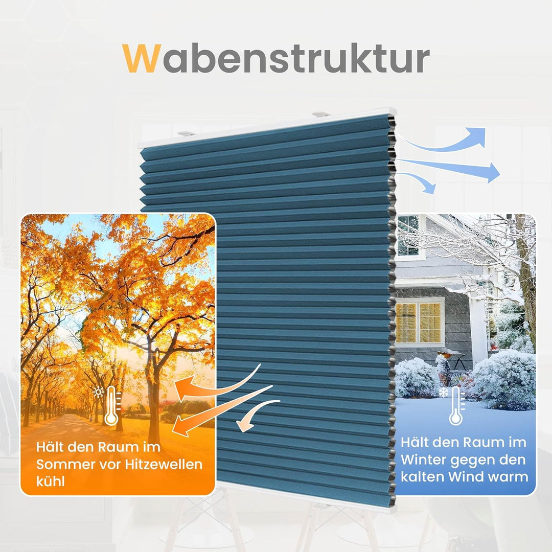 BelleMax Wabenplissee ohne Bohren Verdunkelung Thermo Plissee Klemmfix, Blau-weiss 60x110 cm (BxH),