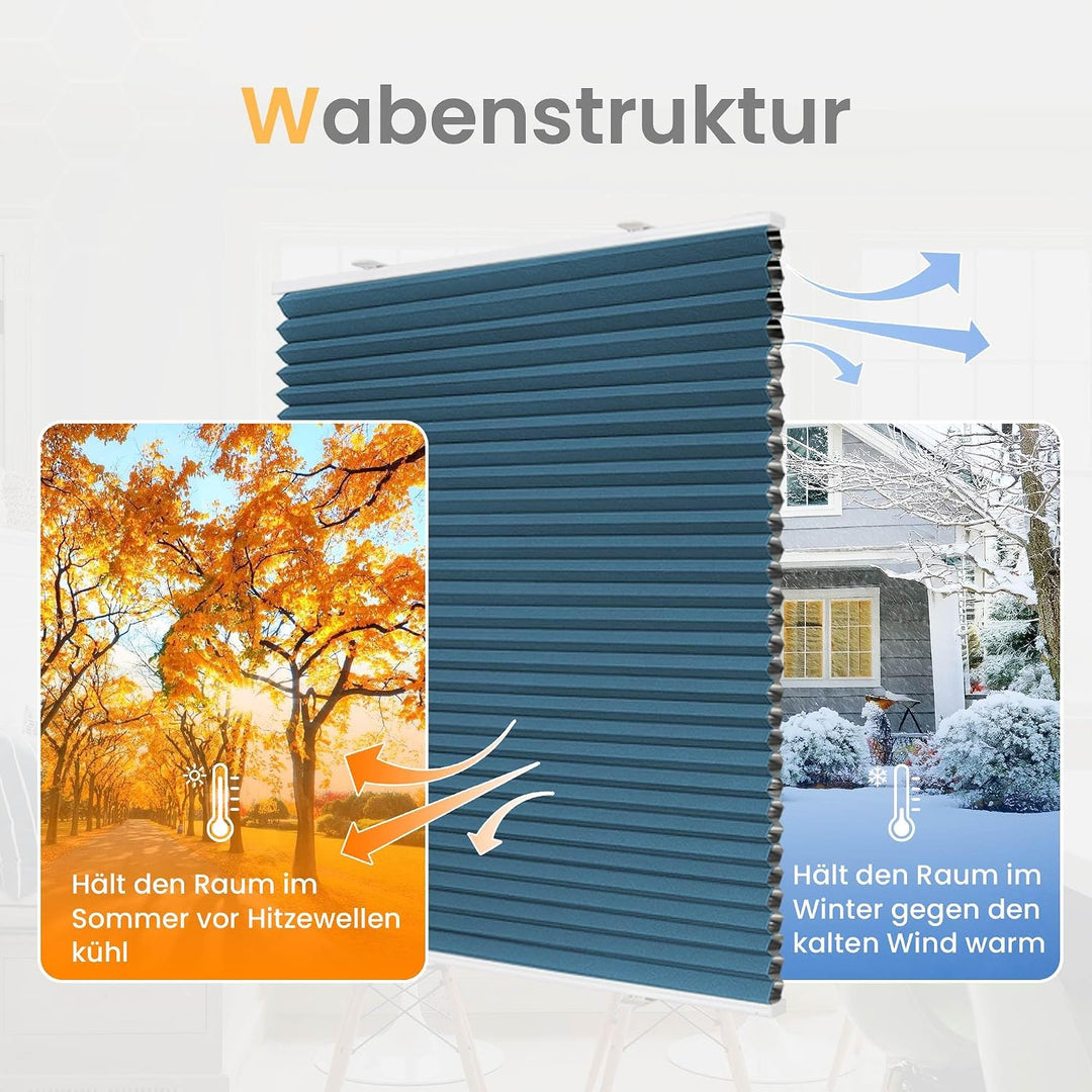 BelleMax Wabenplissee ohne Bohren verdunkelung Thermo plissee klemmfix, Blau-weiss 75x110cm 100% Bli
