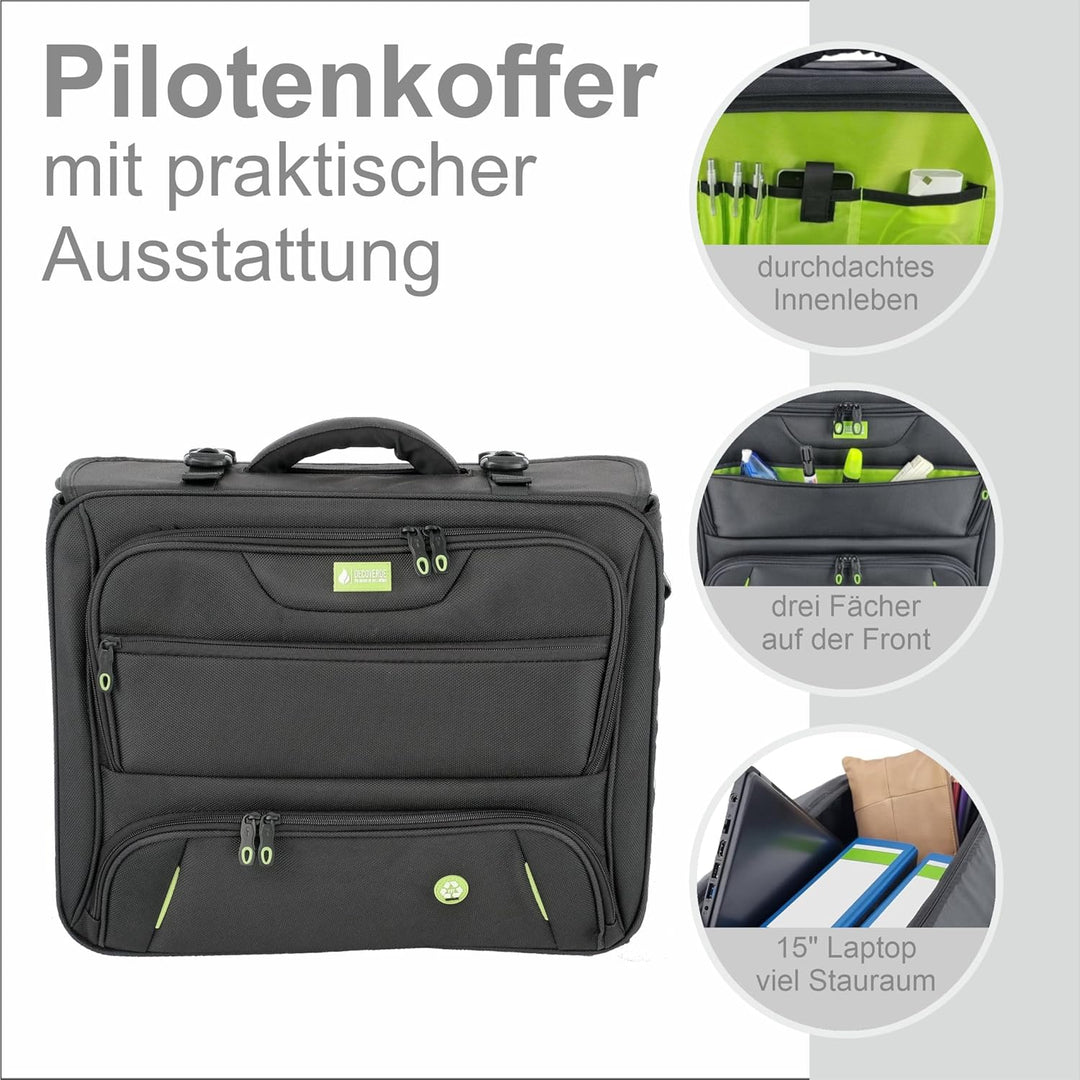 Soft Pilotenkoffer aus RPET in schwarz 46208 | Leichtgewicht mit Laptopfach, Fächertasche, Schulterg