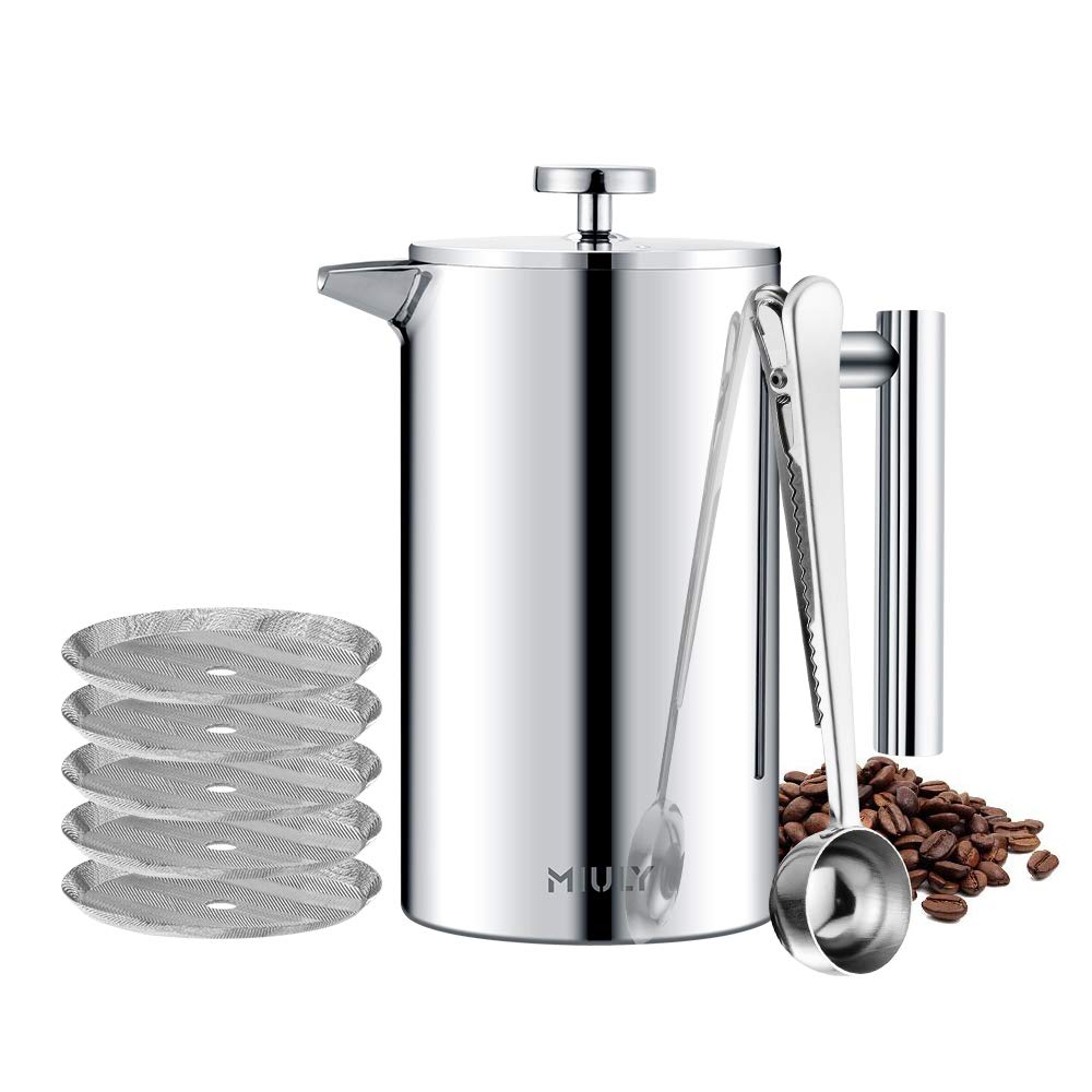 MaxMiuly Kaffeebereiter 1 Liter French Press, Doppelwandig Edelstahl Kaffeepresse Caffettiera, Therm