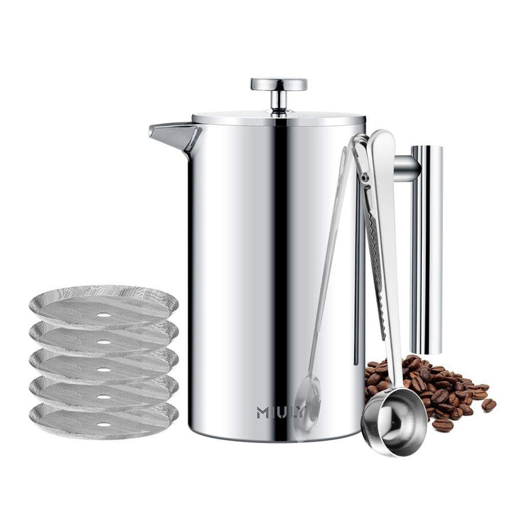MaxMiuly Kaffeebereiter 1 Liter French Press, Doppelwandig Edelstahl Kaffeepresse Caffettiera, Therm