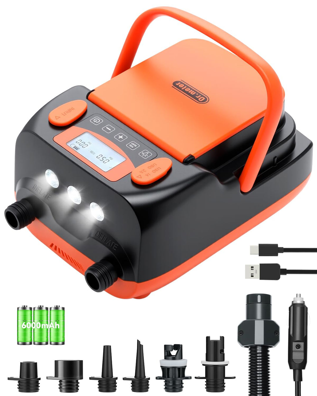 Dr.meter 6000mAh Wiederaufladbare Elektrische SUP Pumpe, SUP Pumpe Elektrisch Akku mit Auto-Off, Kan