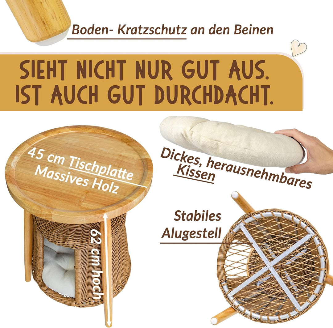 Petigi Katzentisch Beistelltisch Rattan Katzenhöhle Katzenbett Couchtisch | aus Holz und Rattan, Nat