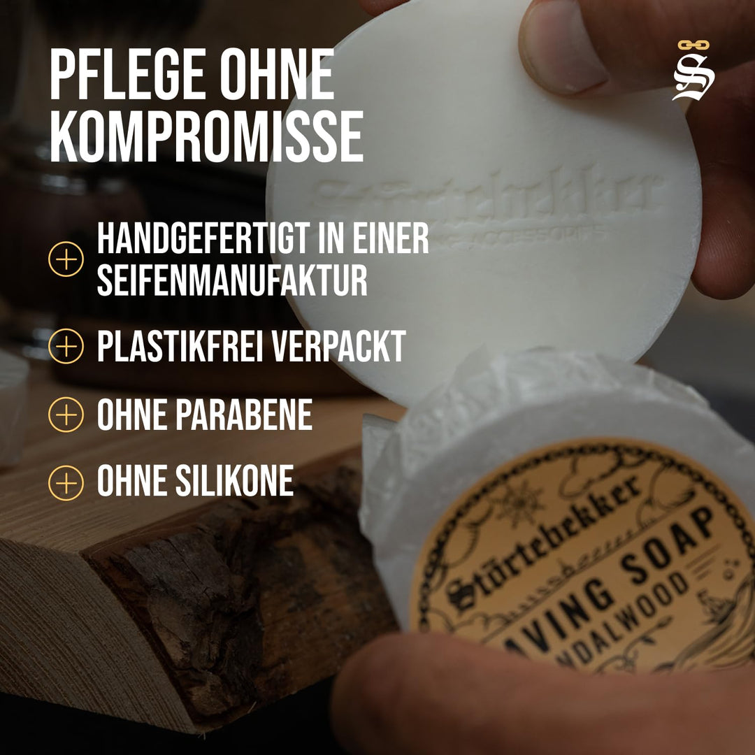 Störtebekker® Premium Rasierseife Sandelholz 70g x 3 - Handgefertigte Seife für ergiebigen Rasiersch