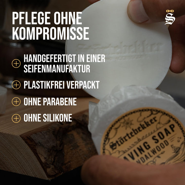 Störtebekker® Premium Rasierseife Sandelholz 70g x 3 - Handgefertigte Seife für ergiebigen Rasiersch
