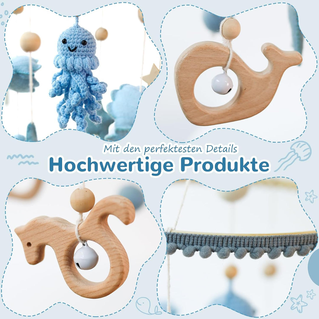 Meer Welt Mobile Baby Windspiele – Baby Mobile für Bett, 3D Häkeln Oktopus Babybett Mobile Wickeltis