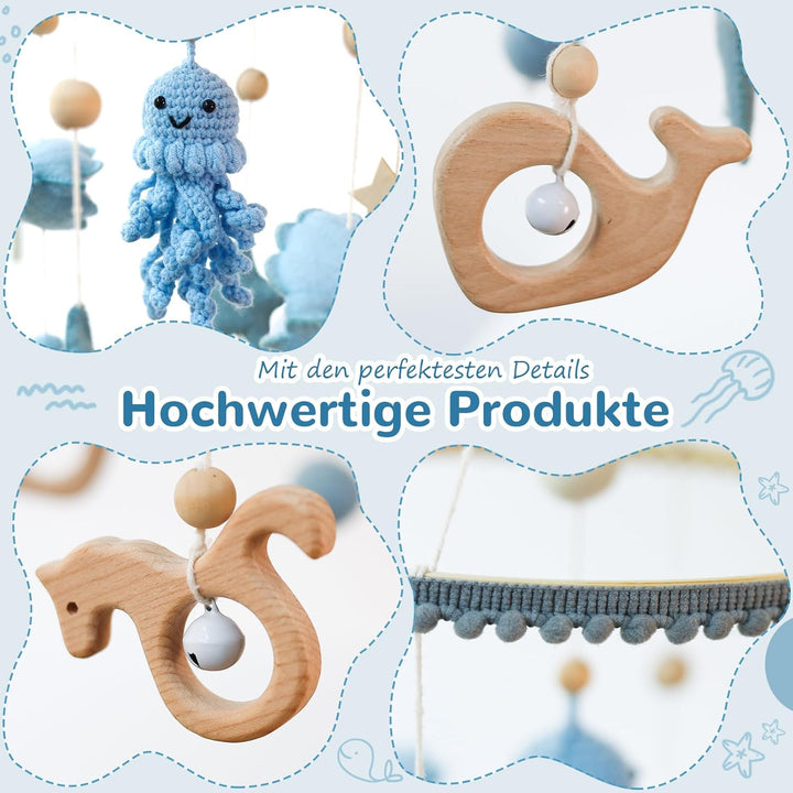 Meer Welt Mobile Baby Windspiele – Baby Mobile für Bett, 3D Häkeln Oktopus Babybett Mobile Wickeltis