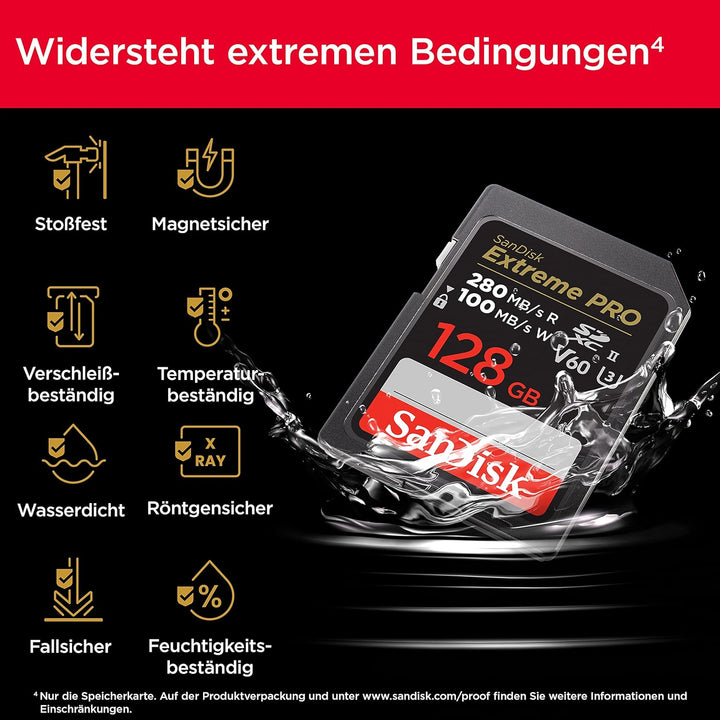 SanDisk Extreme PRO SDXC UHS-II Speicherkarte V60 128 GB (280 MB/s, 6K, 4K UHD, U3, C10, Rescue PRO