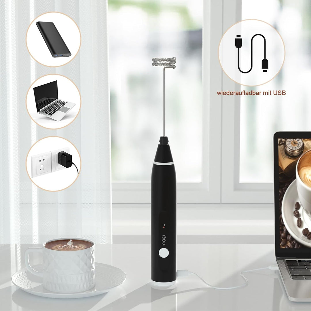FITNATE USB Milk Coffee frother, elektrischer Milchaufschäumer Stab mit 3 Stufen, 2 Edelstahl Schnee