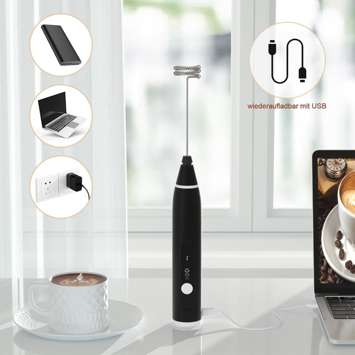 FITNATE USB Milk Coffee frother, elektrischer Milchaufschäumer Stab mit 3 Stufen, 2 Edelstahl Schnee