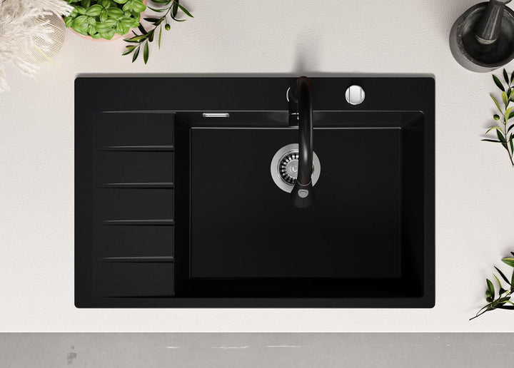 Granitspüle Schwarz 78x50cm, Spülbecken 1 Becken + Ablauf-Set + Küchenarmatur, Küchenspüle ab 60er U