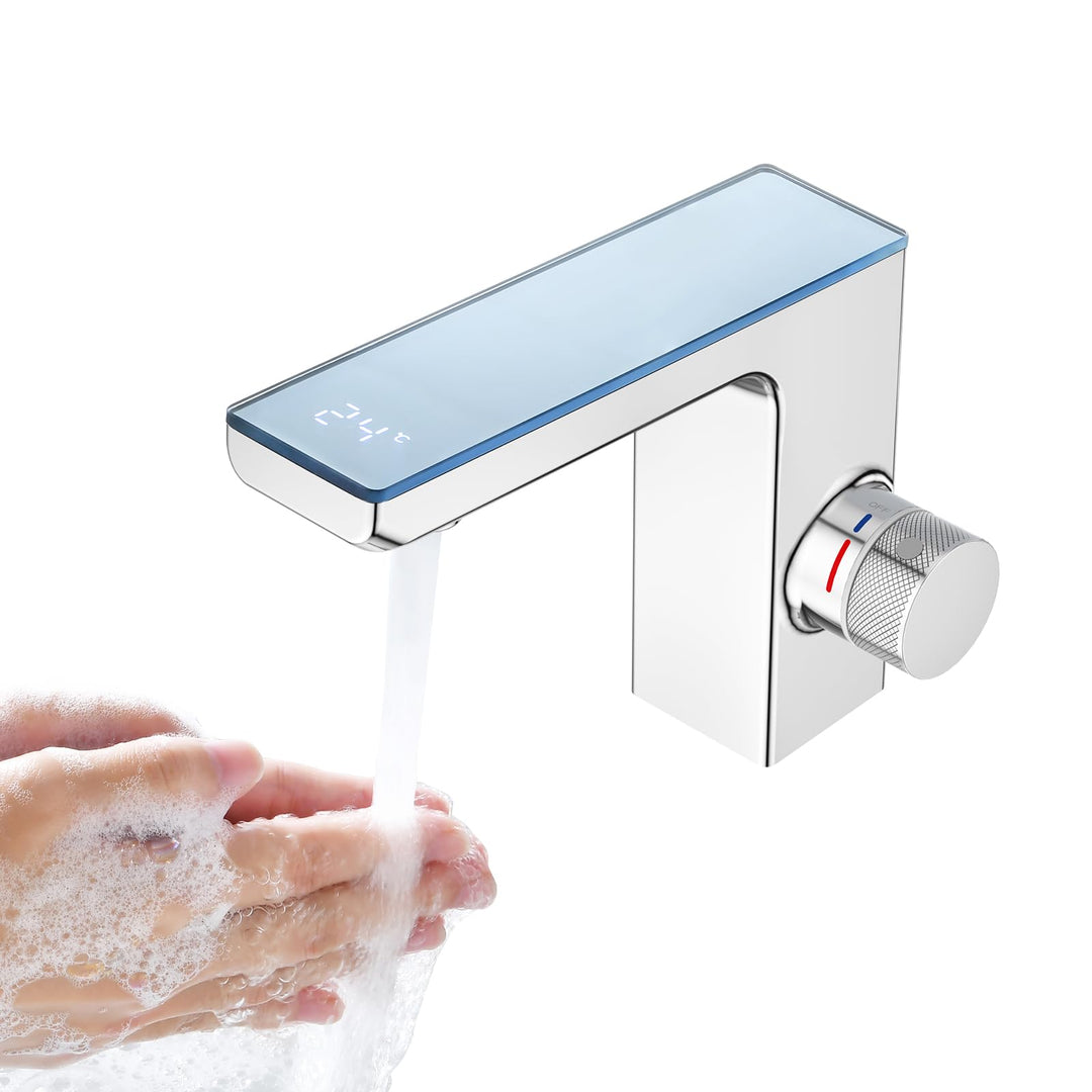 CREA Infrarot Sensor Wasserhahn Bad, Automatisch Sensor Armatur für Waschbecken,Digitalanzeige Warme