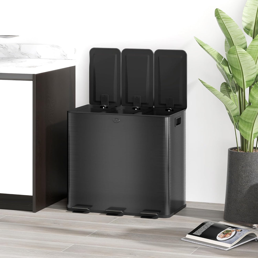 HOMCOM Mülleimer Küche 3 x 15 L Treteimer mit Softclose-Deckel und Pedal Mülltrennsystem 3 Fächer in