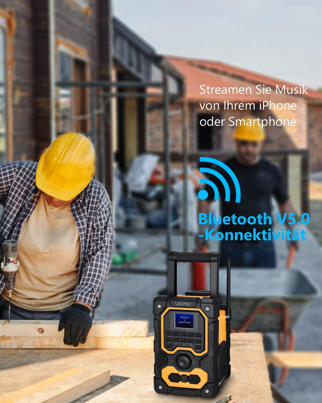 Baustellenradio Robustes DAB+ FM Radio mit Bluetooth, Ladestation, Aux Anschluss, Wiederaufladbarer