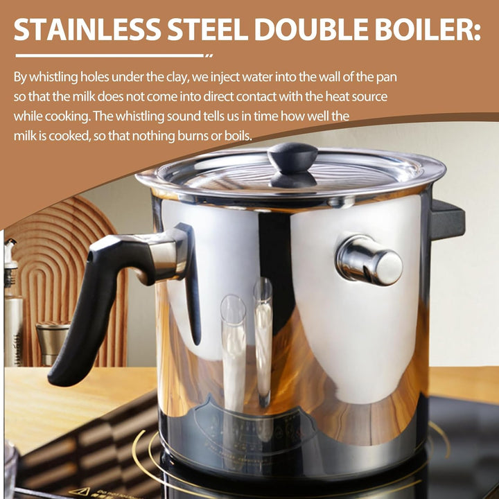 Milchtopf, 1.5 Liter Doppelwandig Edelstahl Milchtopf Ø16,5 Simmertopf mit Ausgiesser und deckel, 15