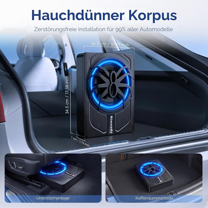 Rimoody 10 Zoll Flachbau Subwoofer Aktiv - 1000W Max Power, 120W RMS, Bass Boost, Untersitz Subwoofe