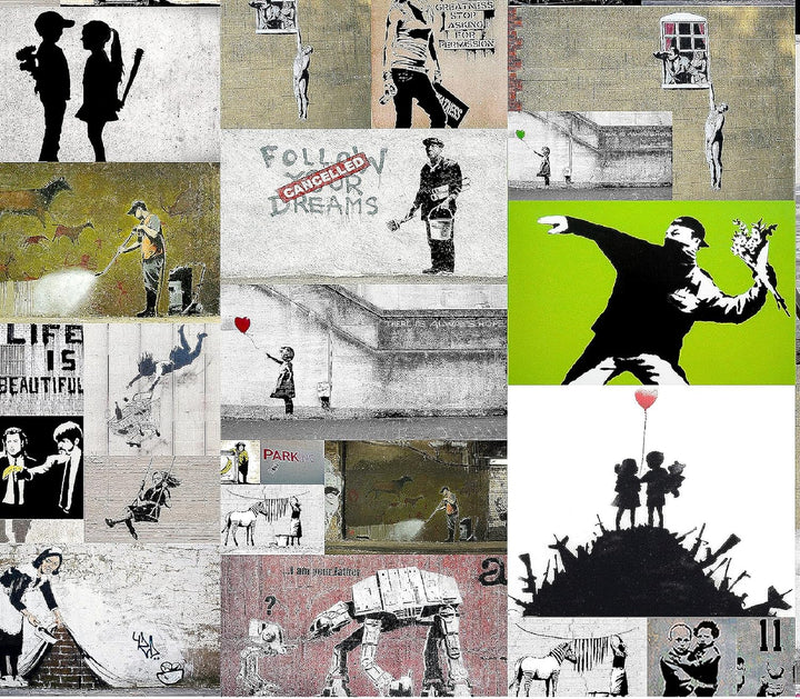 Runa Art Bild Modern Collage Banksy - Made in Germany - Wandbilder Street Art Bunt 4 Teilig 302742a