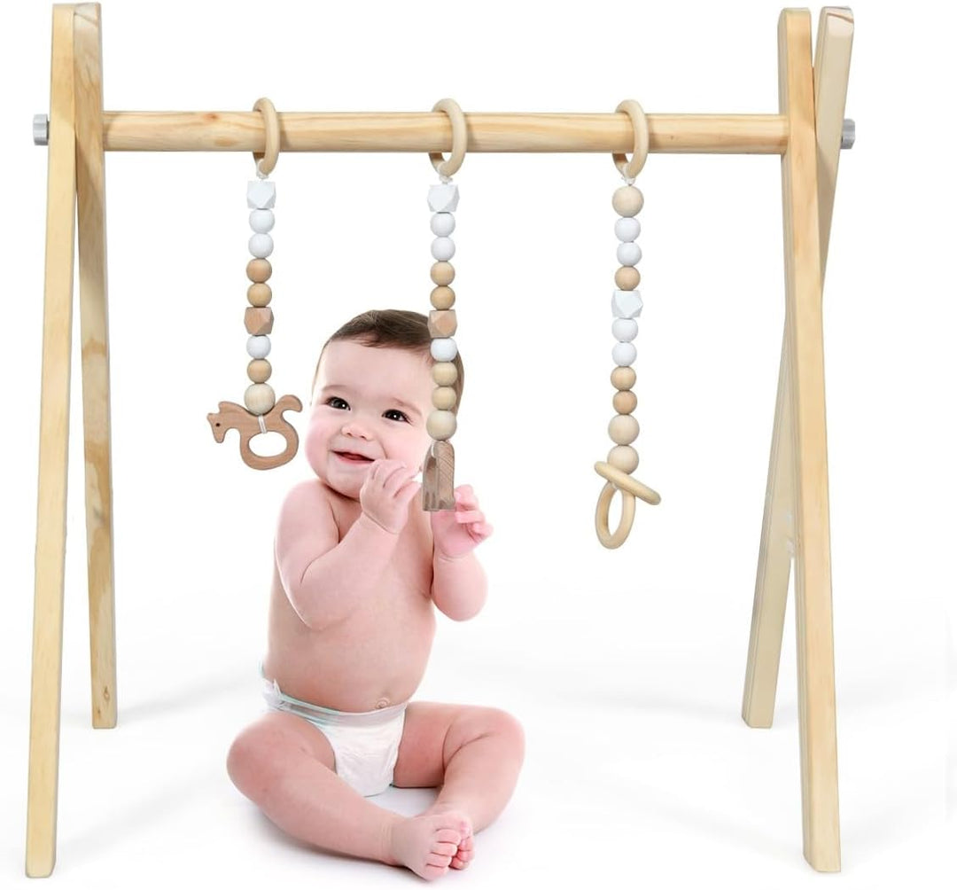 LIFEZEAL Spieltrapez, Spielbogen Baby Holz, Babyspielgerät mit 3 Spielzeugen, Holzspielzeug baby, Ba