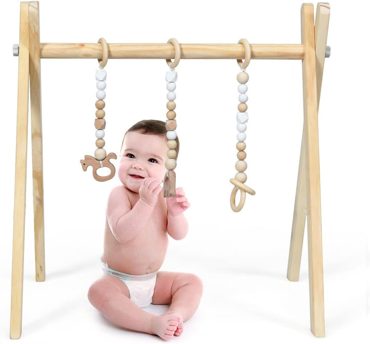 LIFEZEAL Spieltrapez, Spielbogen Baby Holz, Babyspielgerät mit 3 Spielzeugen, Holzspielzeug baby, Ba