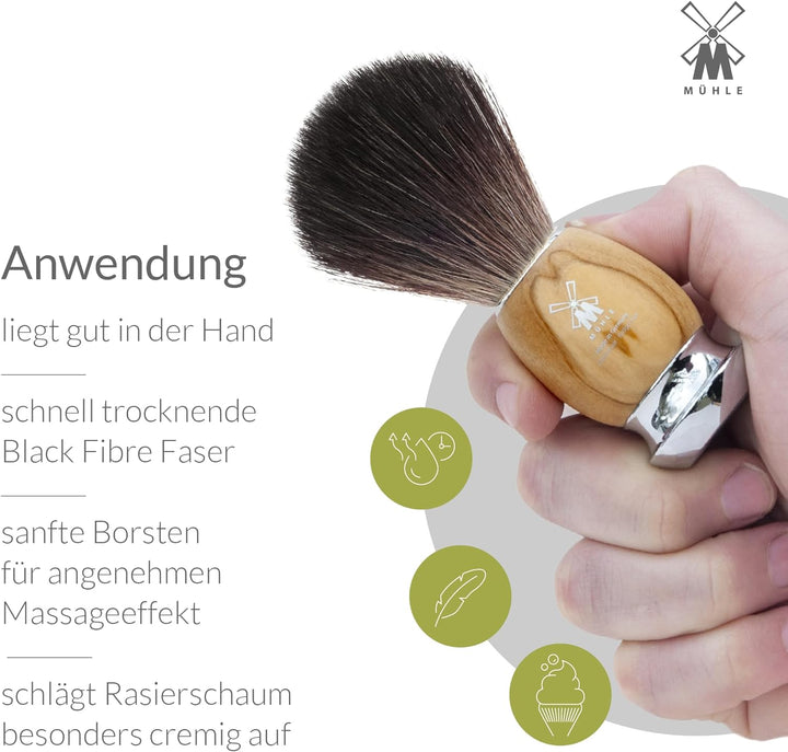 MÜHLE Vivo Rasierset kompatibel mit Gillette-Klingen, Pinsel Black Fibre, Halterung mit Schale, Oliv