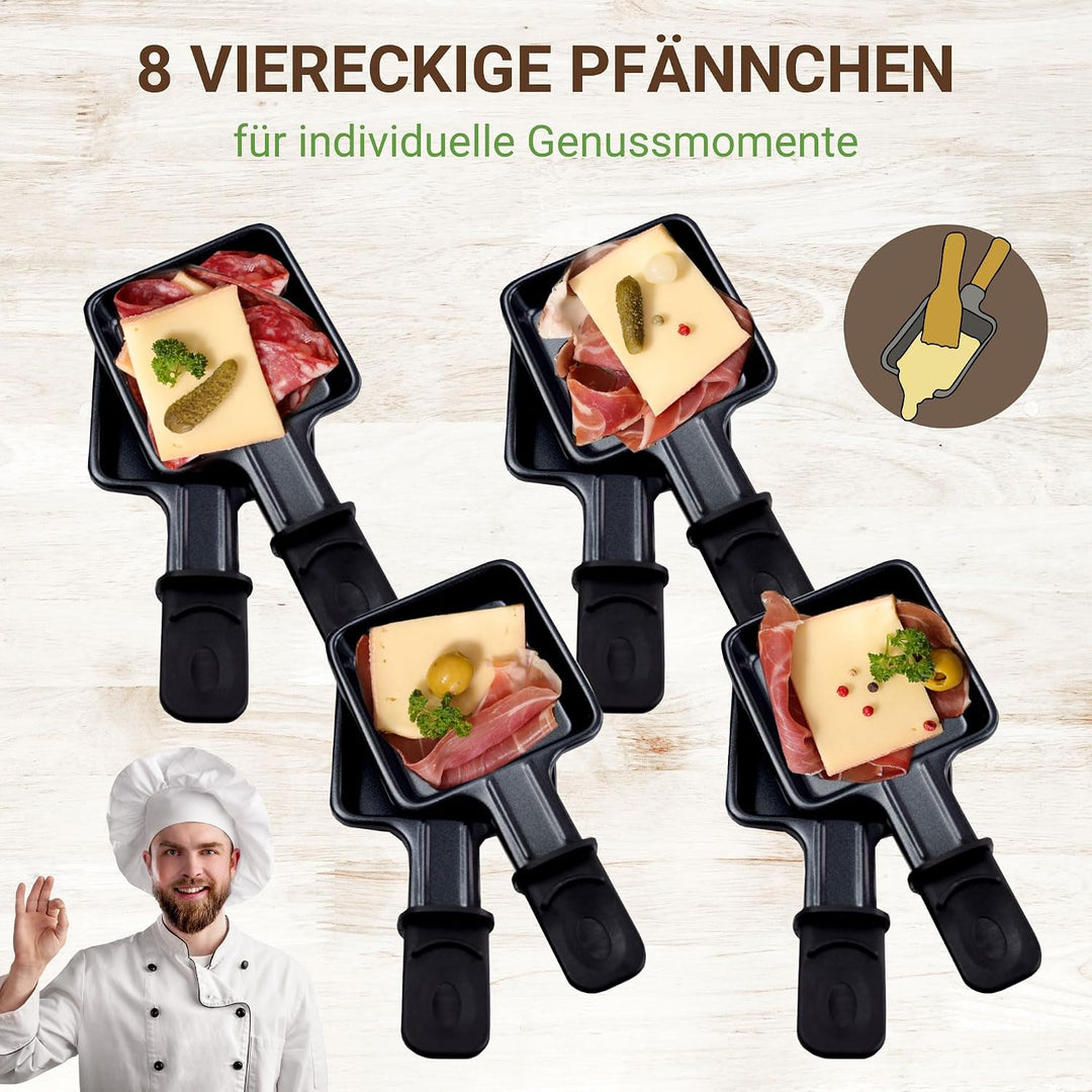 Syntrox Raclette Fondue 2in1 für 8 Personen, 1400 W, antihaft Grillplatte, 8 Pfännchen, 1,4 l Fondue