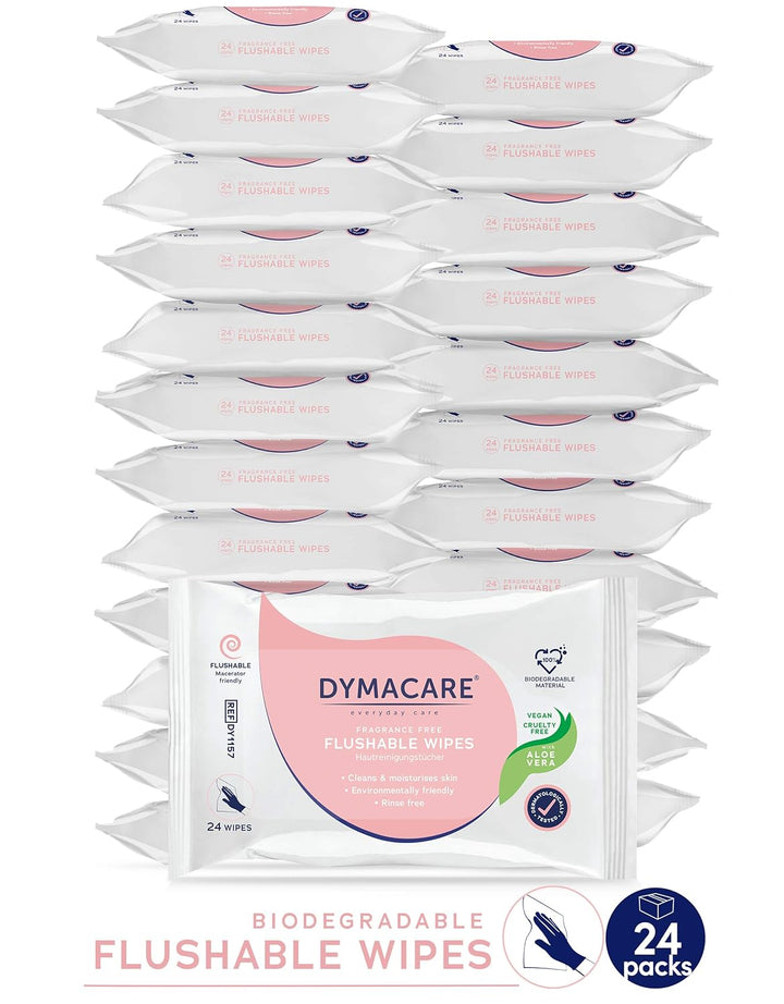 DYMACARE® Spülbare Toilettentücher, Dermatologisch getestet, Biologisch abbaubar, 24 Tücher je Packu