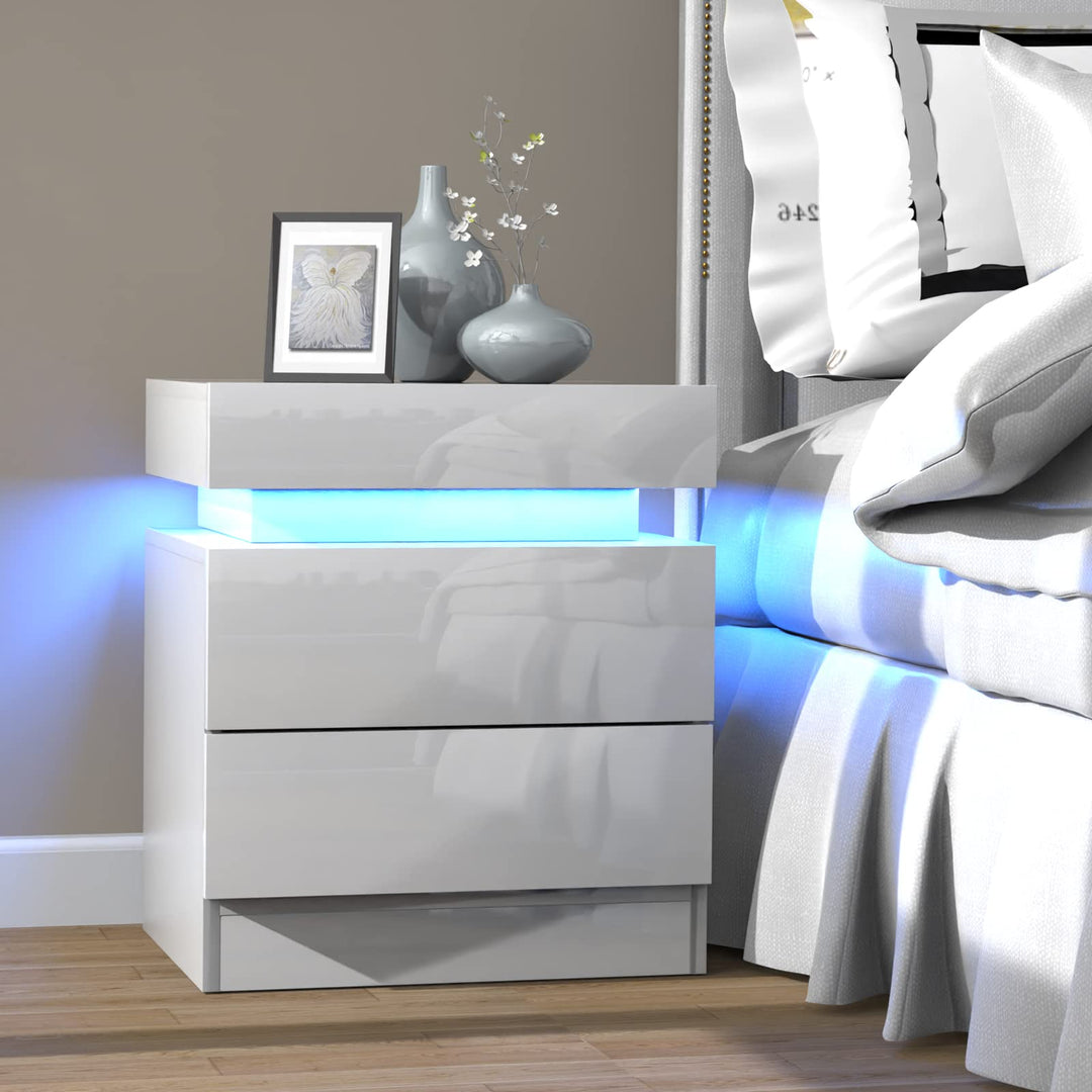 PIPIPOXER Nachttisch Weiss mit LED Licht, 16 Farben 2 Schubladen und Hochglanz Kommode Nachttisch Na