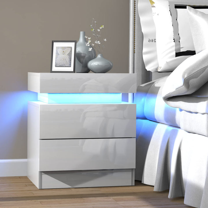 PIPIPOXER Nachttisch Weiss mit LED Licht, 16 Farben 2 Schubladen und Hochglanz Kommode Nachttisch Na