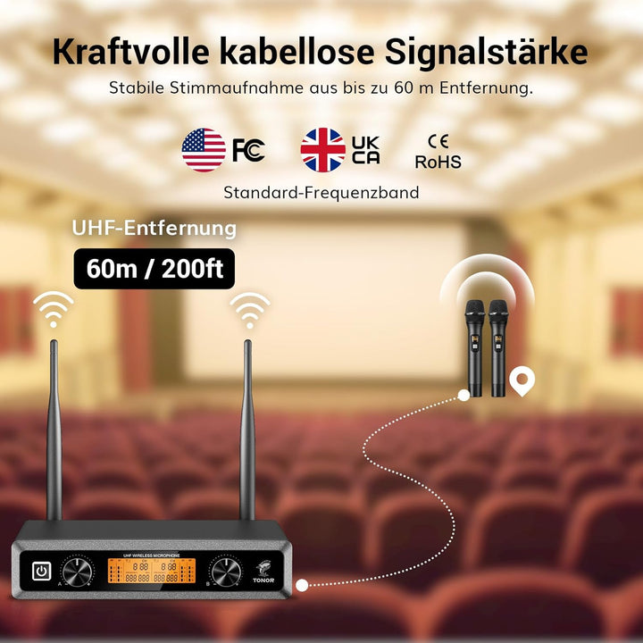 TONOR Wireless Funkmikrofon UHF Professionelles dynamisches drahtloses Dual Mikrofon, Handmikrofonsy
