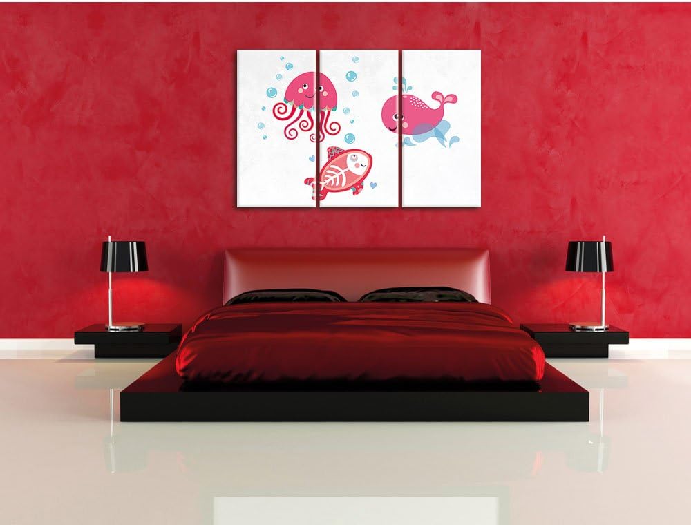 Pixxprint und verspielte Unterwasser Tiere als Leinwandbild/Grösse: 3 Teilig (120x80) cm/Wandbild/Ku