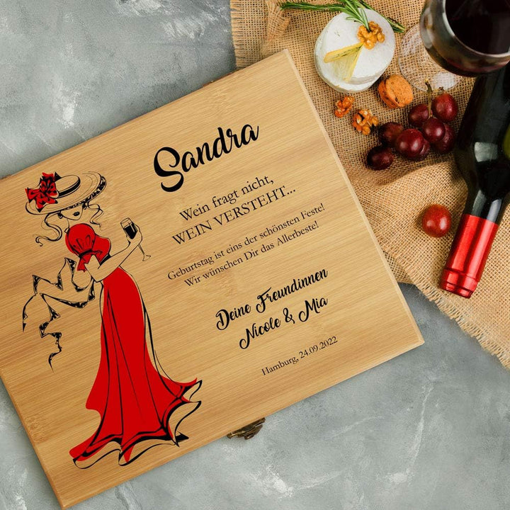 Maverton Weinöffner-Set personalisiert Weinset Sommelier Set - Geschenkbox Holzbox + 8er Weinzubehör