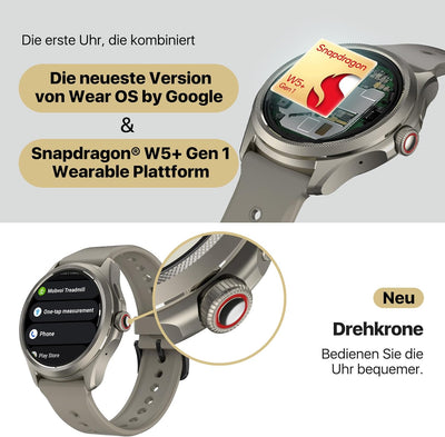 Ticwatch Pro 5 Android Smartwatch für Männer Snapdragon W5+ Gen 1 Wear OS, 80 Stunden Lange Akkulauf