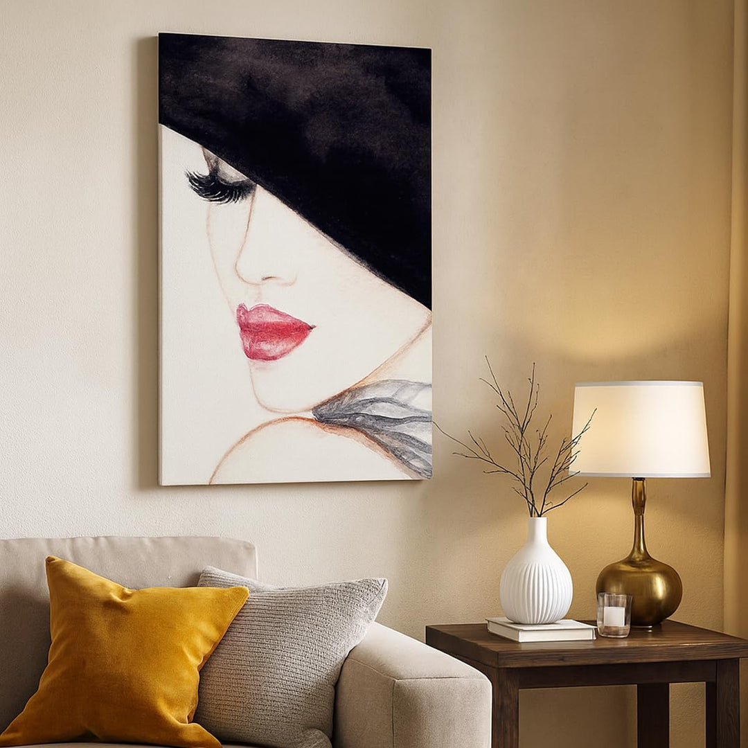 Bilder auf Leinwand 55x100cm Leinwandbild mit Rahmen Frau Lippen Hut Eleganz Gross Wanddeko Bild Sch