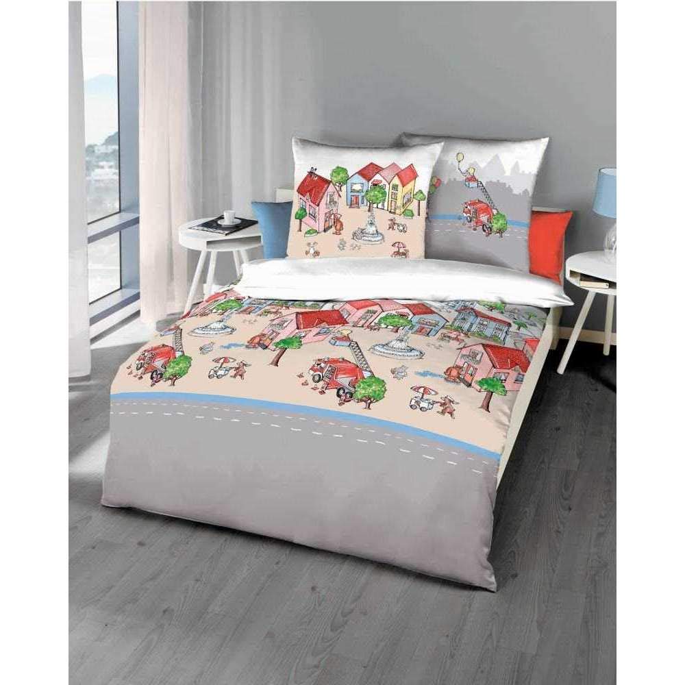 Kaeppel Kinder-Bettwäsche Stadtleben Feinbiber rot-beige Grösse 135x200 cm (80x80 cm) 135x200 cm + 8