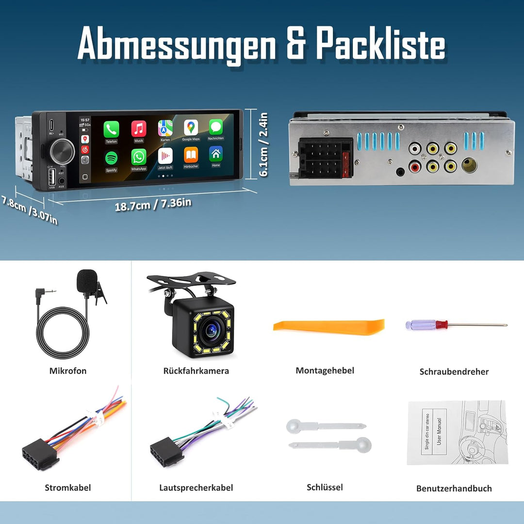 1 DIN Autoradio mit Wireless CarPlay & Android Auto, 6,36 Zoll Auto Radio mit Bildschirm, Rückfahrka