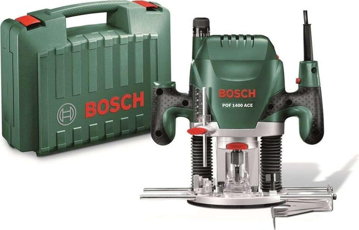 Bosch DIY Oberfräse POF 1400 ACE, Absaugadapter, Gabelschlüssel, Kopierhülse, Nutfräser, Parallelans