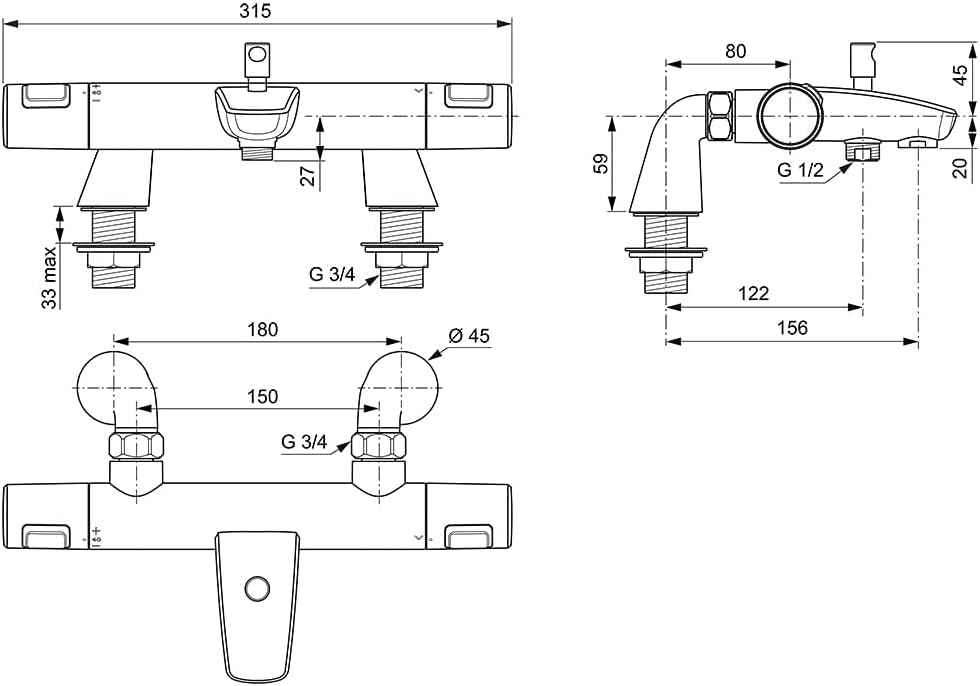 Ideal Standard A7207AA Ceratherm T25 Mischbatterie für Badewanne und Dusche, Chrome Ceratherm T25 Th