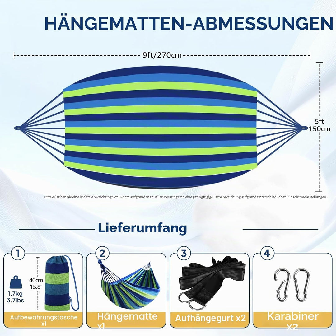 ANYOO Hängematte Outdoor Baumwolle Bequemer Stoff mit Baumfreundlichen Gurten zum Aufhängen, Robuste