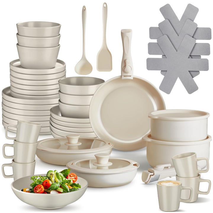 tectake® Küchenstarterset 6 Personen, Steingut Geschirr Set, Teller, 3 Pfannen, 2 Töpfe, rostfreies