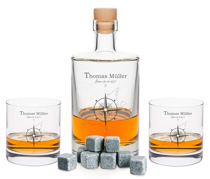 Leonardo gravierte Whiskygläser &amp; Karaffe im Set - Kompass Design - 2x Whisky Gläser personalisiert