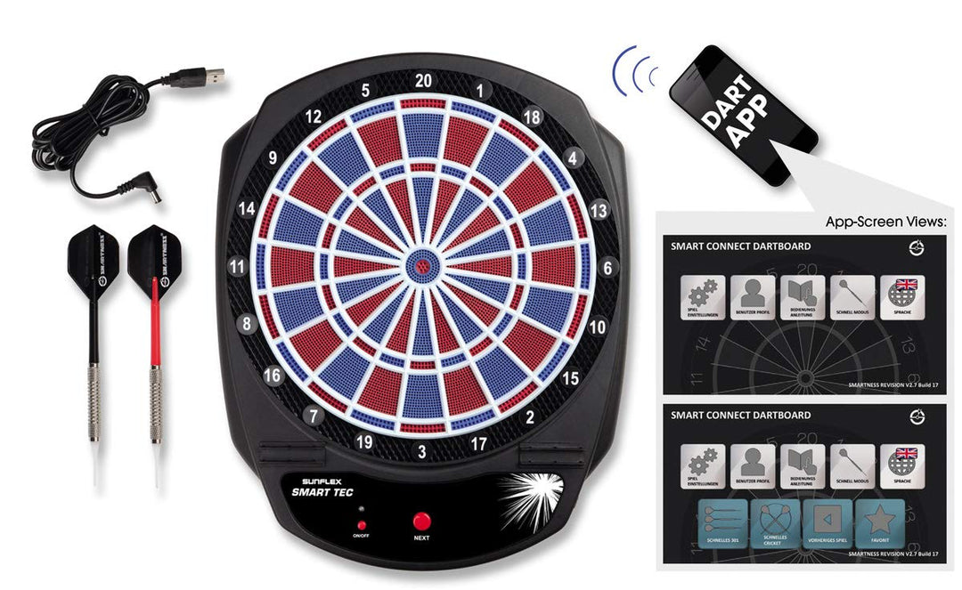 sunflex Dartscheibe Smart Tec - elektronische Dartscheibe + 6 Pfeile und Ersatzspitzen | kabellose V