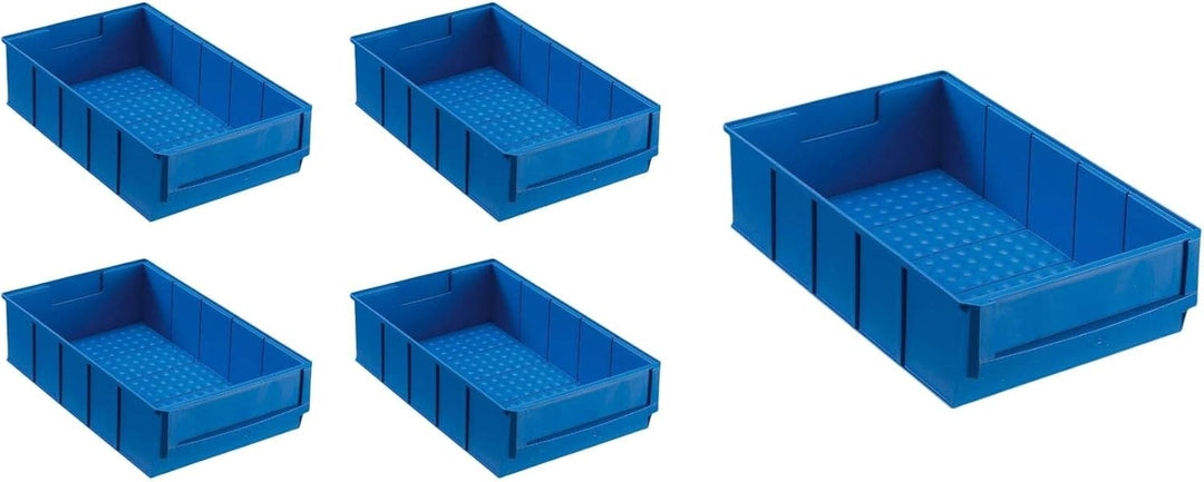 SparSet 5x Blaue Industriebox 300 B | HxBxT 8,1x18,3x30cm | 3,4 Liter | Sichtlagerkasten, Sortiments