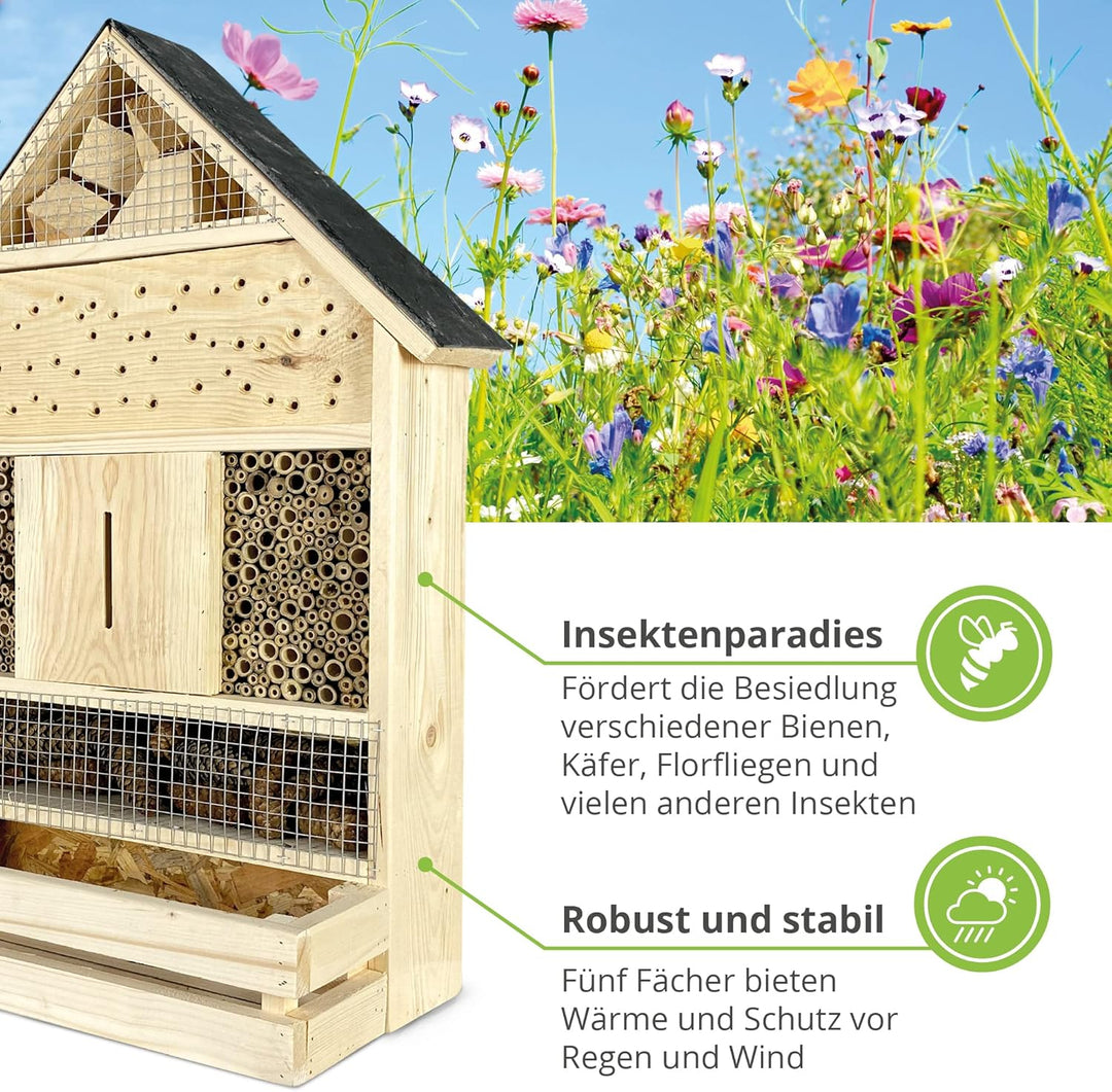 GARTENETAGE Insektenhotel zum Aufhängen XXL mit Pflanzenbalkon &amp; Schieferdach/Naturbelassenes, massi