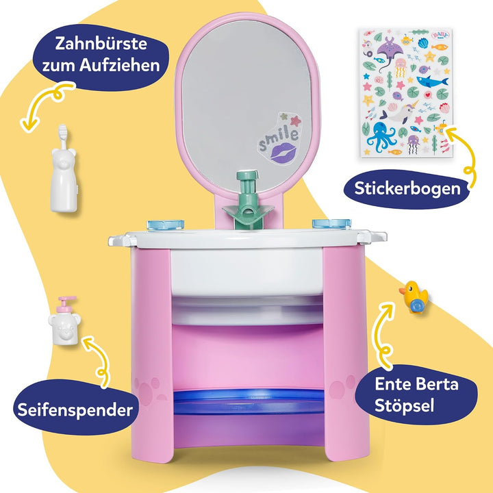 BABY born Waschbecken - Puppenwaschtisch inkl. Zahnbürste &amp; Seifenspender - Mit echtem Wasser - Benö