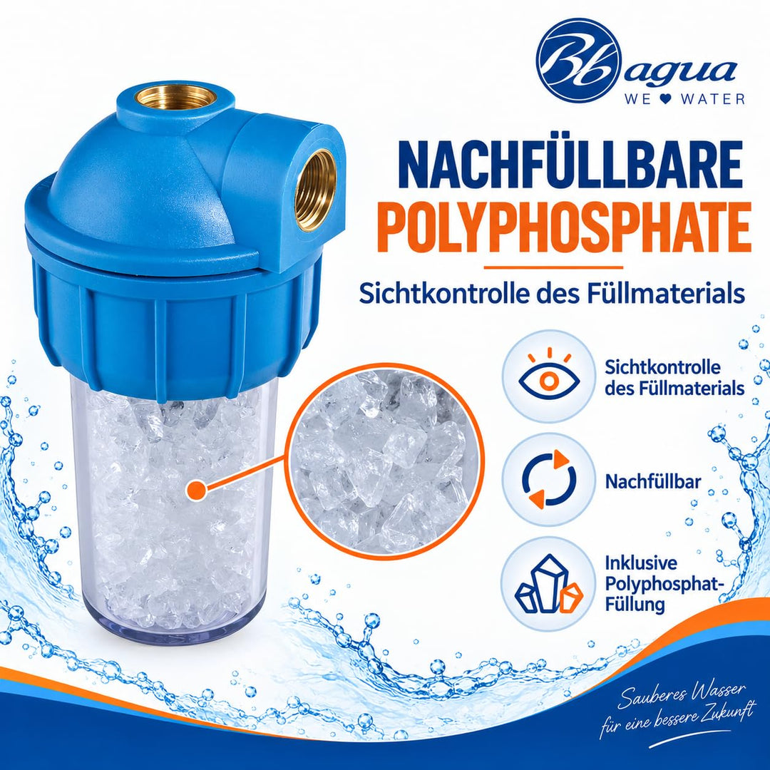 Antikalk-Filterheizungen. Lieferumfang: Filtergehäuse und Polyphosphatsteinfüllung. Verhindert Kalka